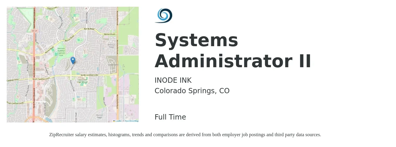 INODE INK job posting for a Systems Administrator II in Colorado Springs, CO with a salary of $80,000 Yearly with a map of Colorado Springs location.