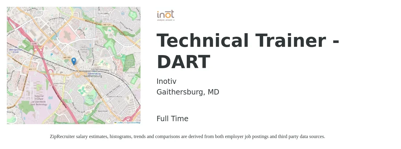 Inotiv job posting for a Technical Trainer - DART in Gaithersburg, MD with a salary of $35 to $47 Hourly with a map of Gaithersburg location.
