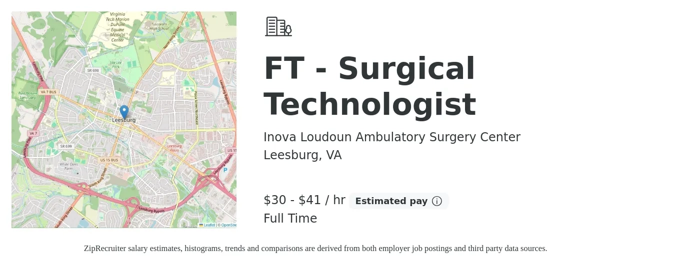 Inova Loudoun Ambulatory Surgery Center job posting for a FT - Surgical Technologist in Leesburg, VA with a salary of $32 to $43 Hourly with a map of Leesburg location.