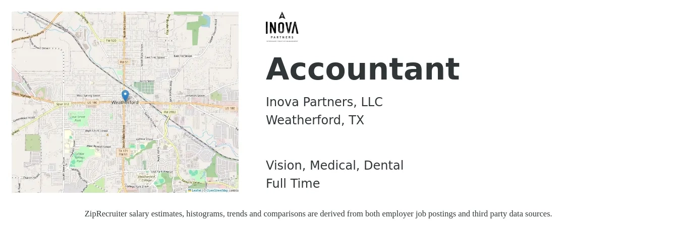Inova Partners, LLC job posting for a Accountant in Weatherford, TX with a salary of $45,900 to $67,300 Yearly and benefits including dental, life_insurance, medical, retirement, and vision with a map of Weatherford location.