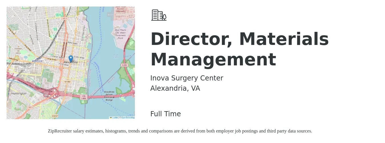 Inova Surgery Center job posting for a Director, Materials Management in Alexandria, VA with a salary of $75,400 to $147,000 Yearly with a map of Alexandria location.