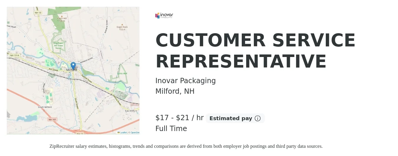 Inovar Packaging job posting for a CUSTOMER SERVICE REPRESENTATIVE in Milford, NH with a salary of $18 to $22 Hourly with a map of Milford location.