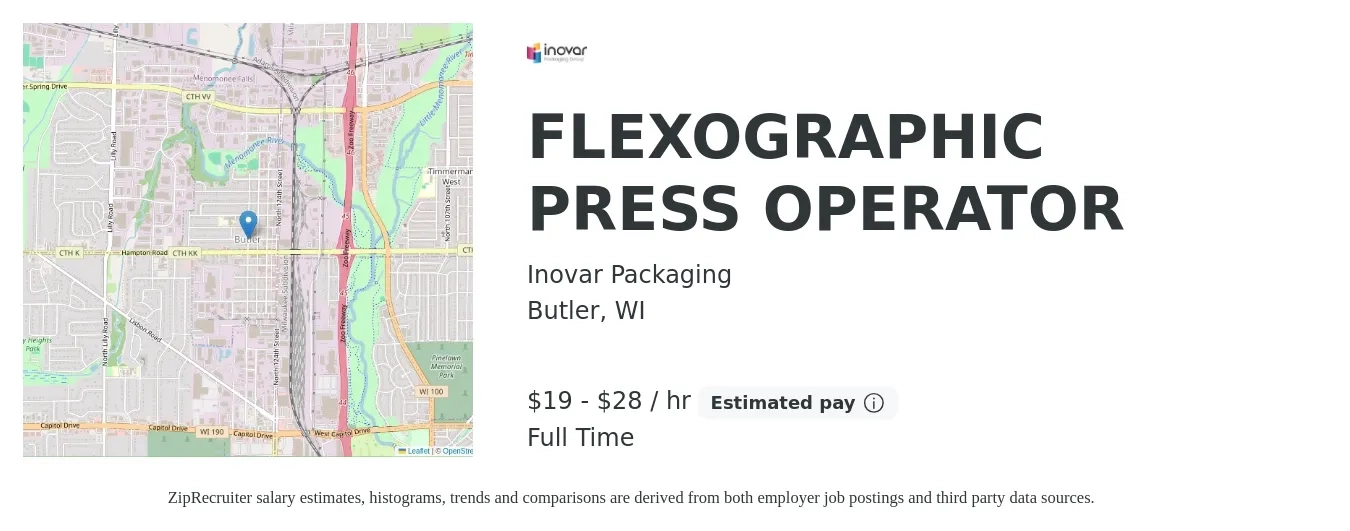 Inovar Packaging job posting for a FLEXOGRAPHIC PRESS OPERATOR in Butler, WI with a salary of $20 to $30 Hourly with a map of Butler location.