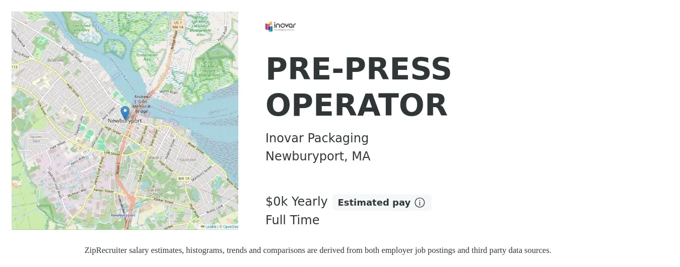 Inovar Packaging job posting for a PRE-PRESS OPERATOR in Newburyport, MA with a salary of $20 to $30 Yearly with a map of Newburyport location.