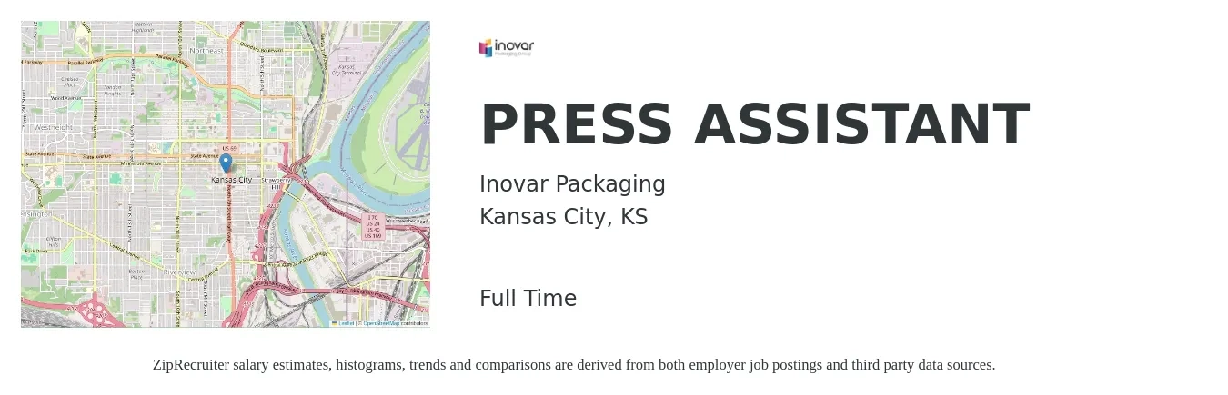 Inovar Packaging job posting for a PRESS ASSISTANT in Kansas City, KS with a salary of $16 to $20 Hourly with a map of Kansas City location.