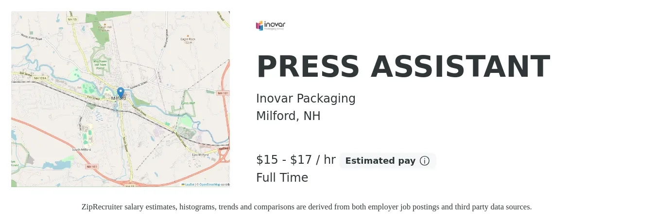 Inovar Packaging job posting for a PRESS ASSISTANT in Milford, NH with a salary of $16 to $18 Hourly with a map of Milford location.