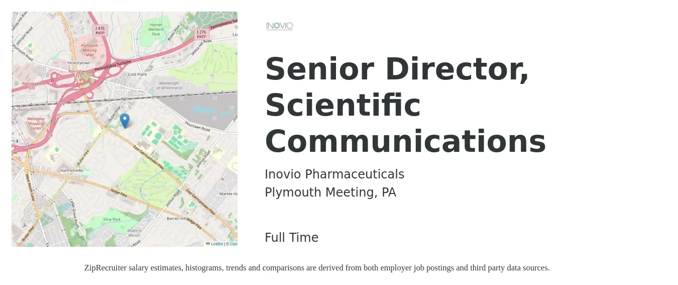 Inovio Pharmaceuticals job posting for a Senior Director, Scientific Communications in Plymouth Meeting, PA with a salary of $260,000 to $283,000 Yearly with a map of Plymouth Meeting location.