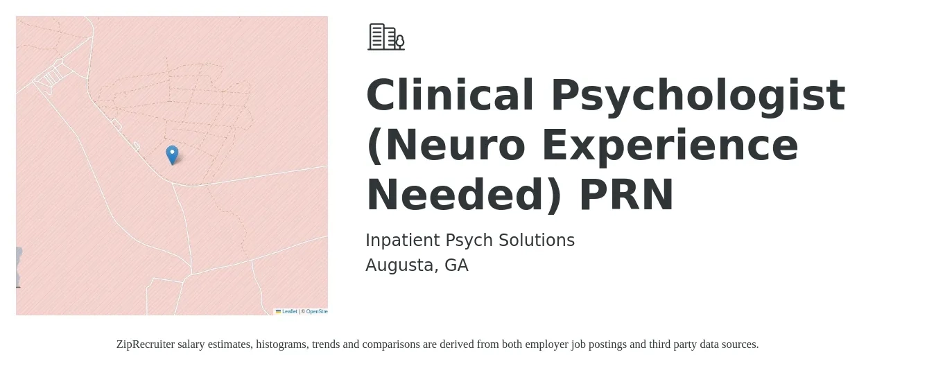 Inpatient Psych Solutions job posting for a Clinical Psychologist (Neuro Experience Needed) PRN in Augusta, GA with a salary of $73,000 to $100,600 Yearly with a map of Augusta location.