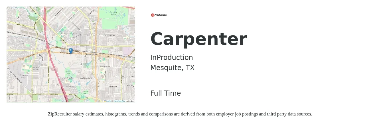 InProduction job posting for a Carpenter in Mesquite, TX with a salary of $20 to $27 Hourly with a map of Mesquite location.