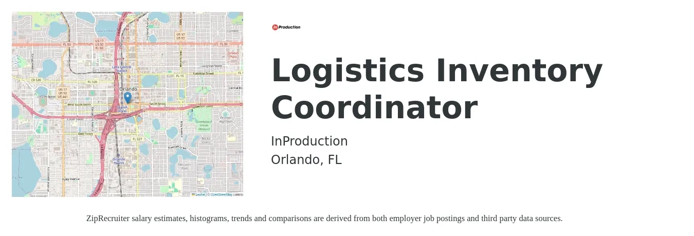 InProduction job posting for a Logistics Inventory Coordinator in Orlando, FL with a salary of $18 to $24 Hourly with a map of Orlando location.