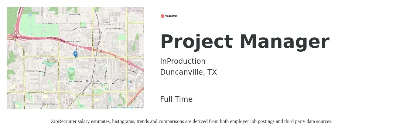 InProduction job posting for a Project Manager in Duncanville, TX with a salary of $71,400 to $111,900 Yearly with a map of Duncanville location.