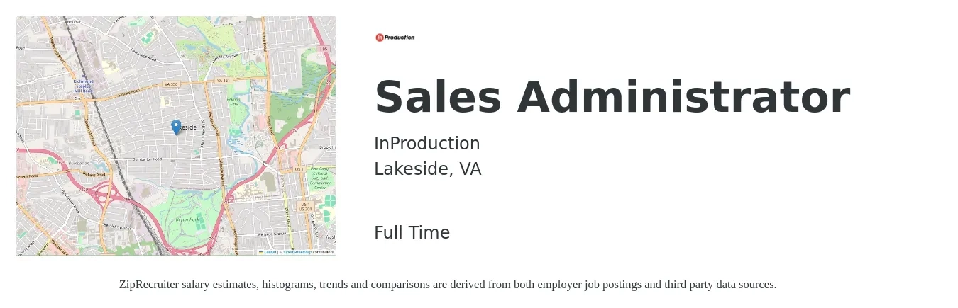 InProduction job posting for a Sales Administrator in Lakeside, VA with a salary of $18 to $25 Hourly with a map of Lakeside location.