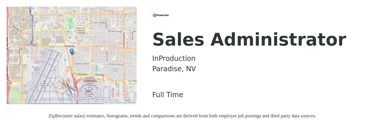 InProduction job posting for a Sales Administrator in Paradise, NV with a salary of $18 to $25 Hourly with a map of Paradise location.