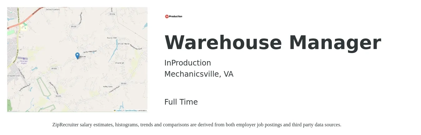 InProduction job posting for a Warehouse Manager in Mechanicsville, VA with a salary of $46,200 to $65,600 Yearly with a map of Mechanicsville location.