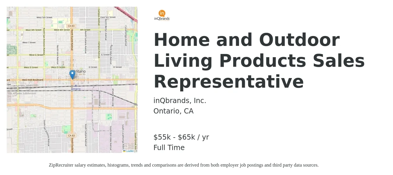 inQbrands, Inc. job posting for a Home and Outdoor Living Products Sales Representative in Ontario, CA with a salary of $55,000 to $65,000 Yearly with a map of Ontario location.