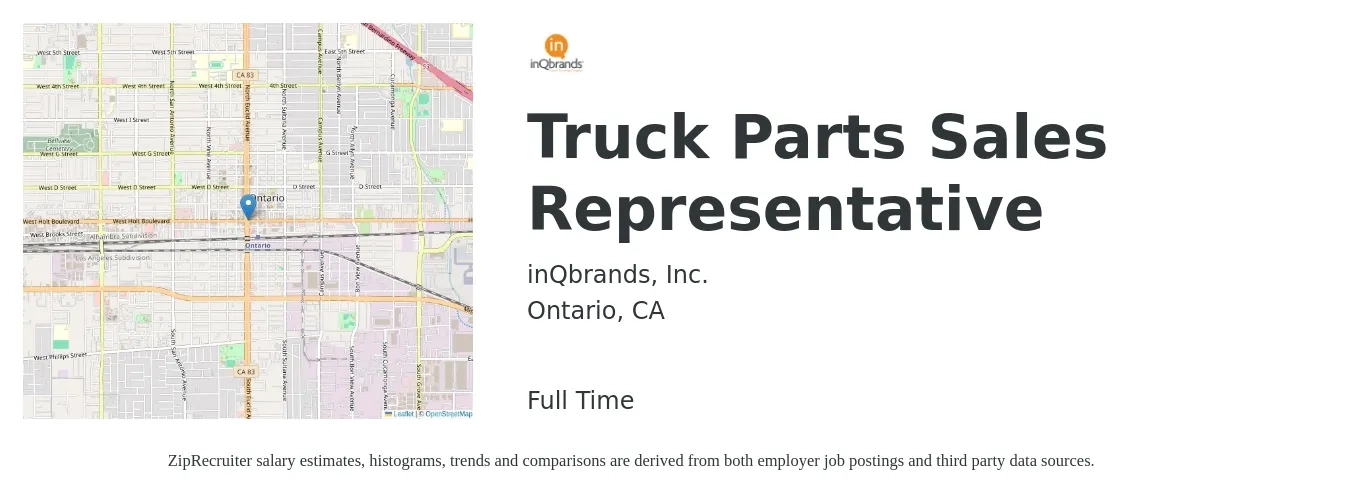 inQbrands, Inc. job posting for a Truck Parts Sales Representative in Ontario, CA with a salary of $55,000 to $65,000 Yearly with a map of Ontario location.