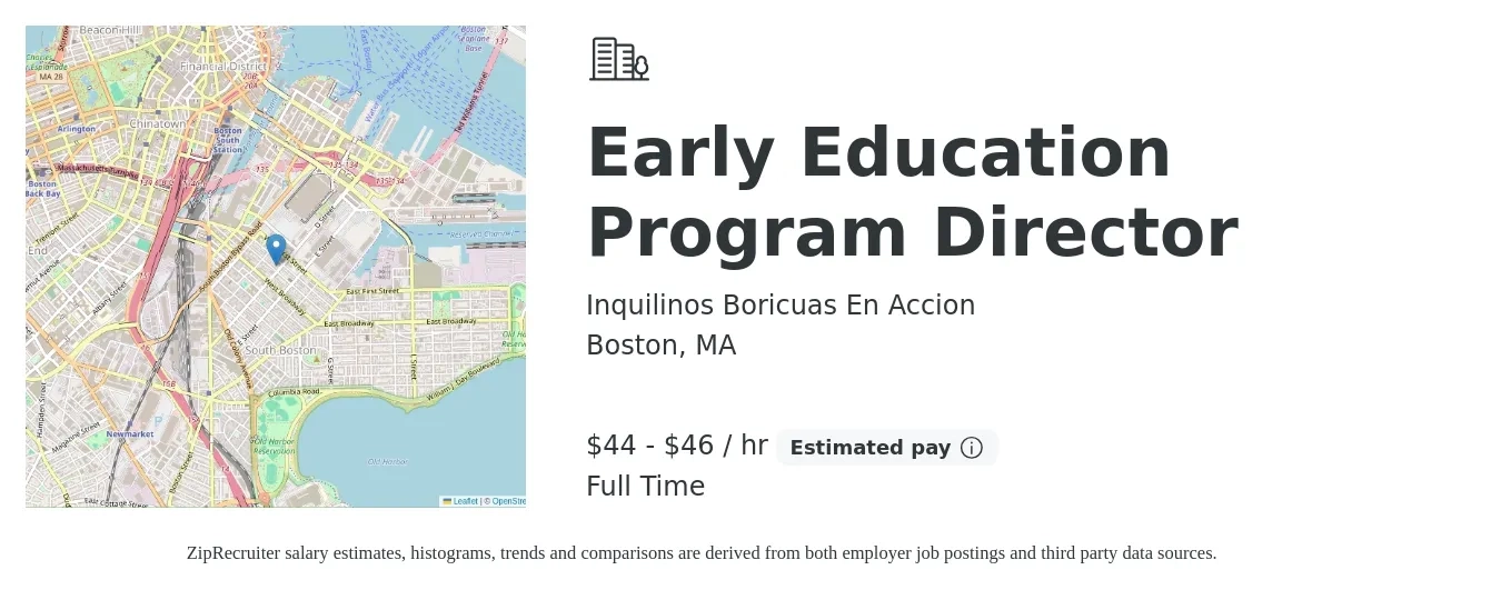 Inquilinos Boricuas En Accion job posting for a Early Education Program Director in Boston, MA with a salary of $96,000 to $100,000 Yearly with a map of Boston location.