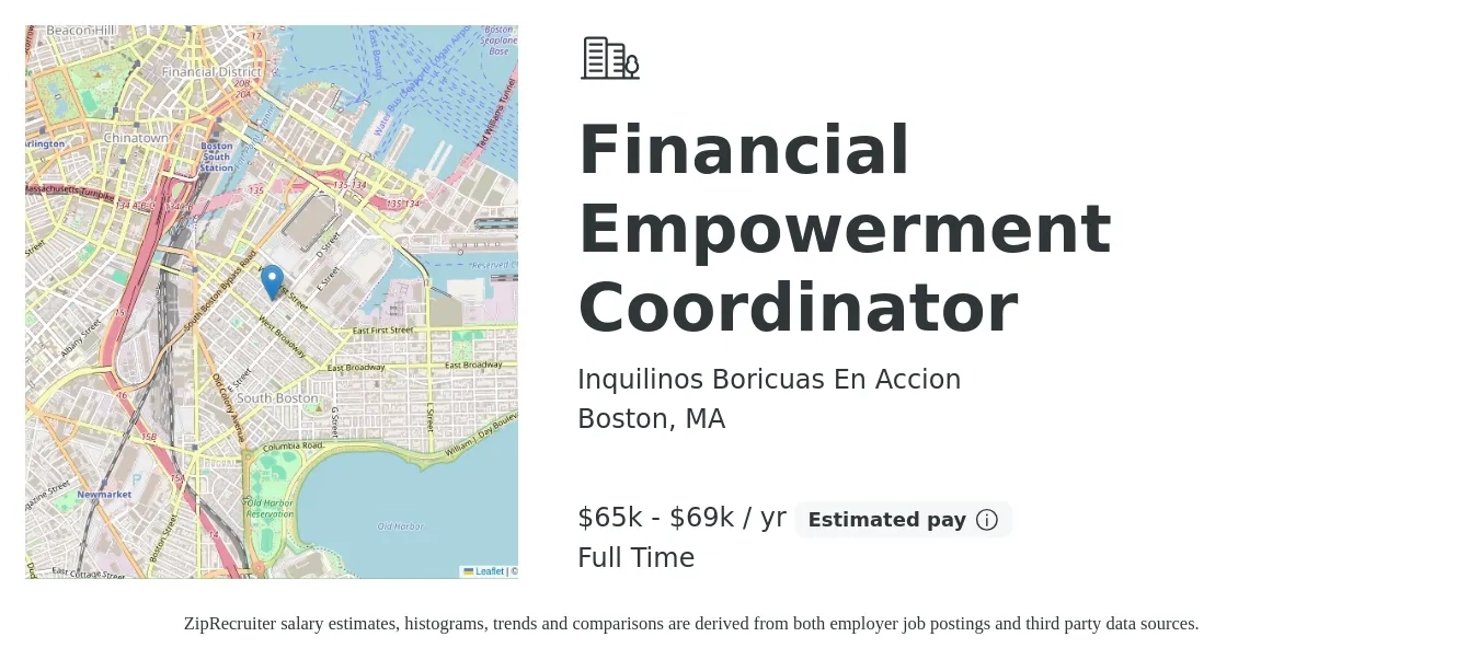 Inquilinos Boricuas En Accion job posting for a Financial Empowerment Coordinator in Boston, MA with a salary of $65,000 to $69,000 Yearly with a map of Boston location.