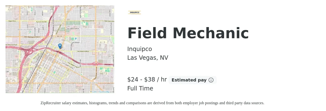 Inquipco job posting for a Field Mechanic in Las Vegas, NV with a salary of $25 to $40 Hourly with a map of Las Vegas location.