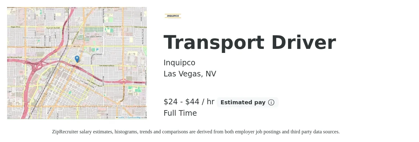 Inquipco job posting for a Transport Driver in Las Vegas, NV with a salary of $25 to $46 Hourly with a map of Las Vegas location.