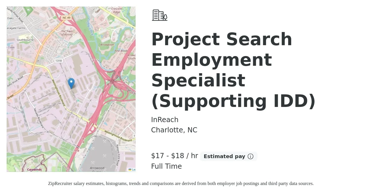InReach job posting for a Project Search Employment Specialist (Supporting IDD) in Charlotte, NC with a salary of $18 Hourly with a map of Charlotte location.
