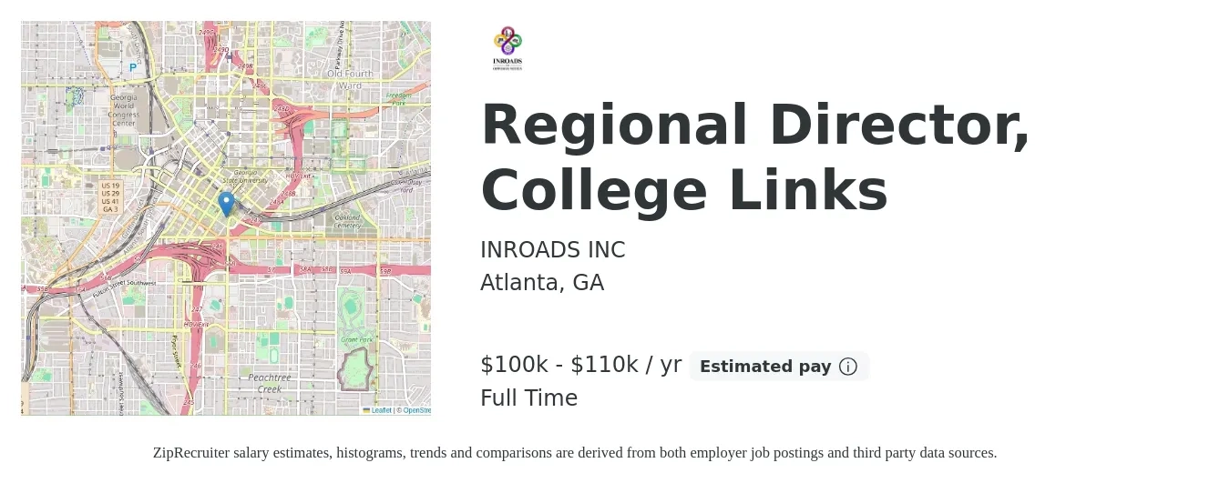 INROADS INC job posting for a Regional Director, College Links in Atlanta, GA with a salary of $100,000 to $110,000 Yearly with a map of Atlanta location.