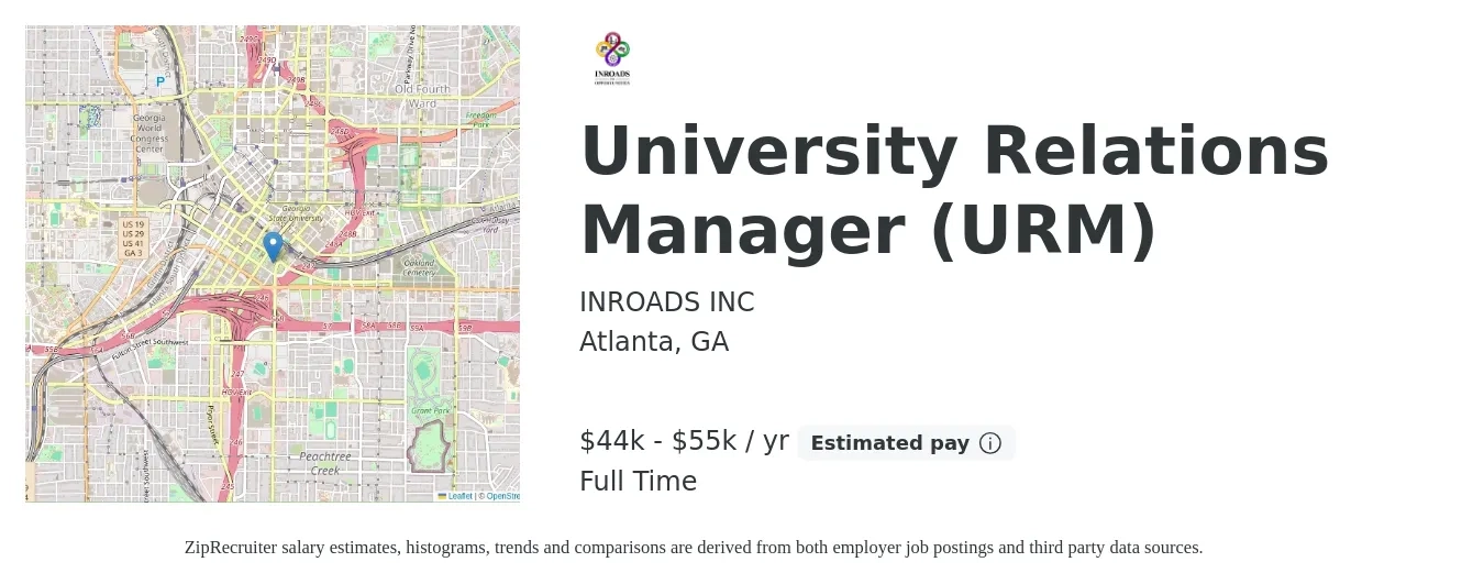 INROADS INC job posting for a University Relations Manager (URM) in Atlanta, GA with a salary of $44,000 to $55,000 Yearly with a map of Atlanta location.