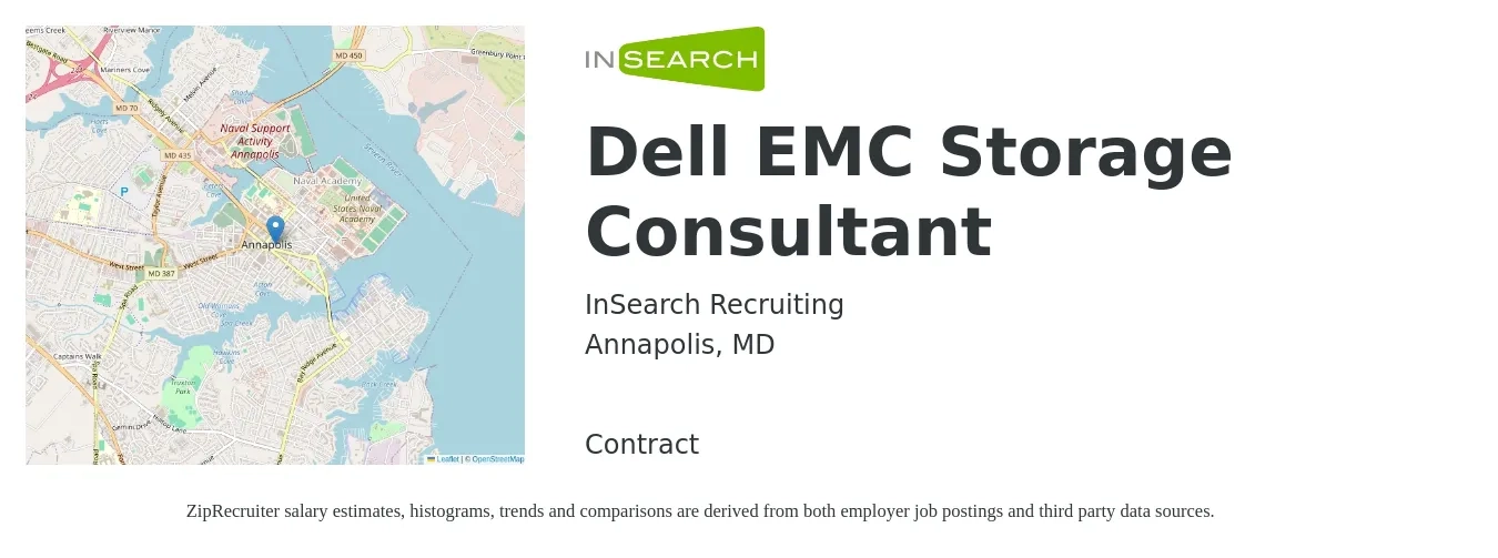 InSearch Recruiting job posting for a Dell EMC Storage Consultant in Annapolis, MD with a salary of $17 to $22 Hourly with a map of Annapolis location.