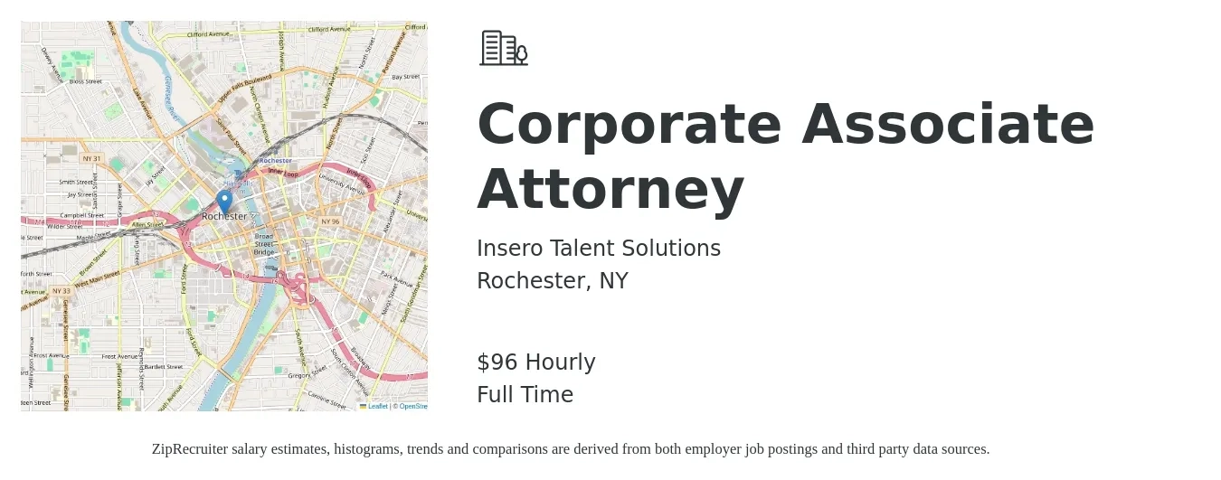 Insero Talent Solutions job posting for a Corporate Associate Attorney in Rochester, NY with a salary of $100 Hourly with a map of Rochester location.