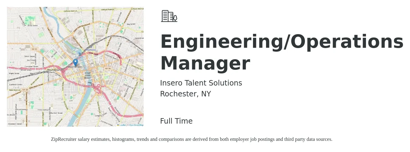 Insero Talent Solutions job posting for a Engineering/Operations Manager in Rochester, NY with a salary of $40,500 to $76,500 Yearly with a map of Rochester location.