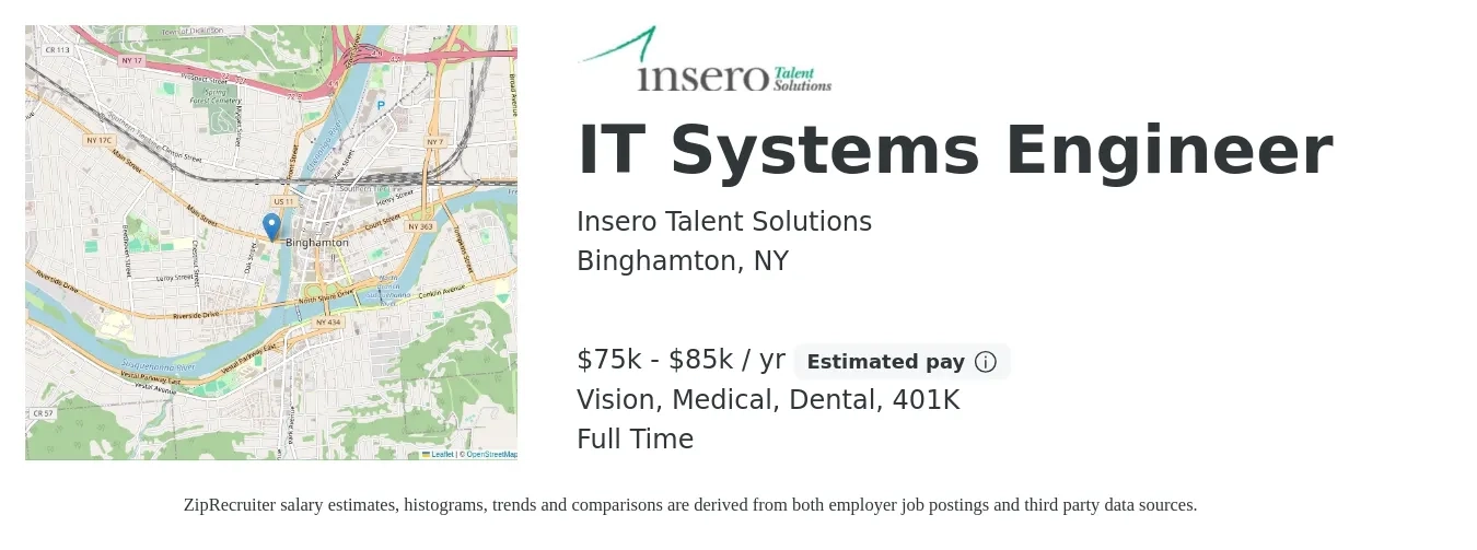 Insero Talent Solutions job posting for a IT Systems Engineer in Binghamton, NY with a salary of $75,000 to $85,000 Yearly and benefits including 401k, dental, medical, and vision with a map of Binghamton location.