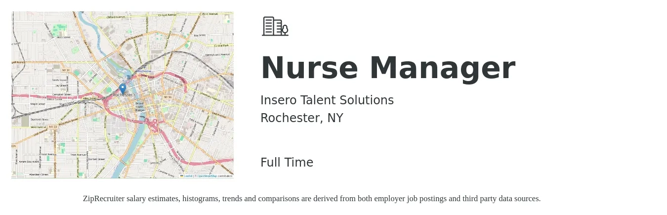 Insero Talent Solutions job posting for a Nurse Manager in Rochester, NY with a salary of $83,000 to $98,000 Yearly and benefits including dental, life_insurance, medical, retirement, and vision with a map of Rochester location.