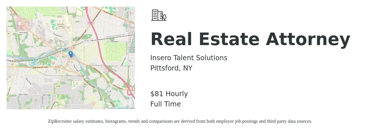 Insero Talent Solutions job posting for a Real Estate Attorney in Pittsford, NY with a salary of $75 Hourly with a map of Pittsford location.