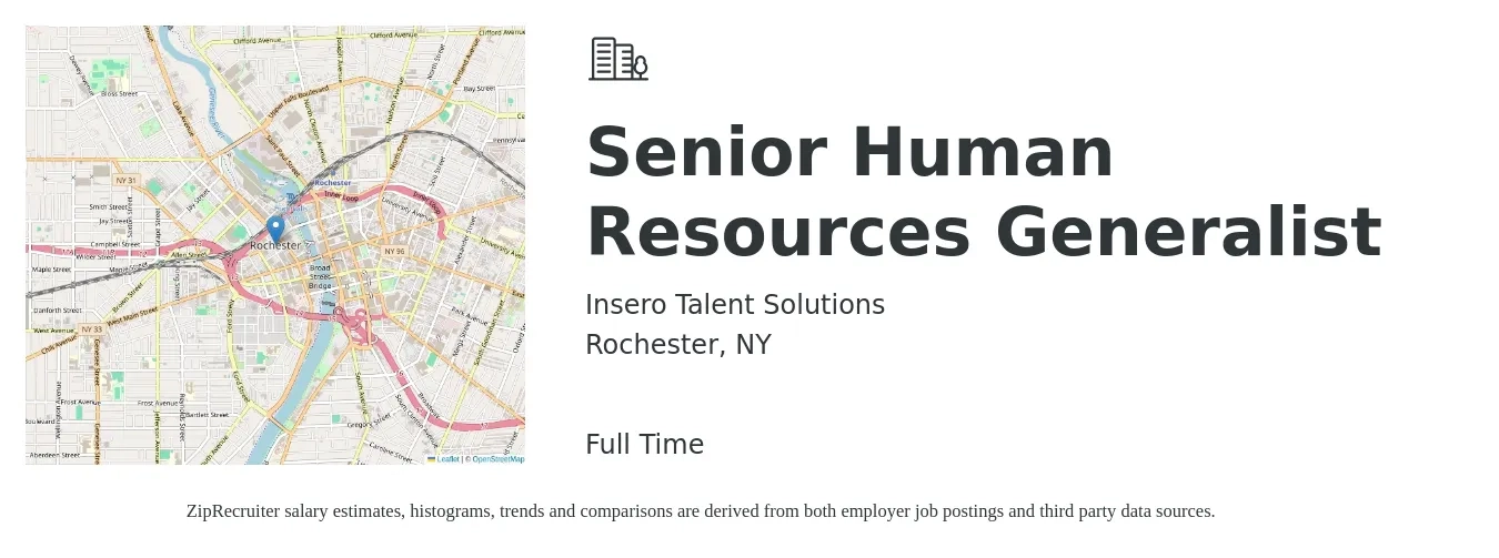 Insero Talent Solutions job posting for a Senior Human Resources Generalist in Rochester, NY with a salary of $68,100 to $87,900 Yearly with a map of Rochester location.