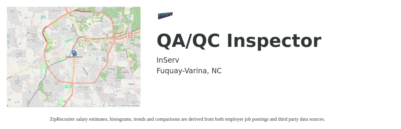 InServ job posting for a QA/QC Inspector in Fuquay-Varina, NC with a salary of $15 to $22 Hourly with a map of Fuquay-Varina location.