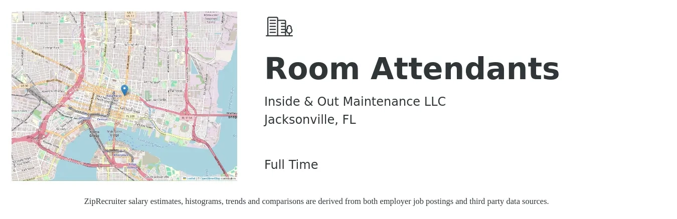Inside & Out Maintenance LLC job posting for a Room Attendants in Jacksonville, FL with a salary of $13 to $16 Hourly with a map of Jacksonville location.