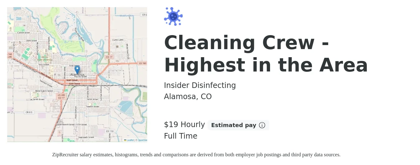Insider Disinfecting job posting for a Cleaning Crew - Highest in the Area in Alamosa, CO with a salary of $20 Hourly with a map of Alamosa location.