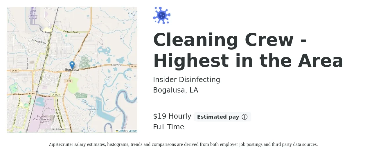 Insider Disinfecting job posting for a Cleaning Crew - Highest in the Area in Bogalusa, LA with a salary of $20 Hourly with a map of Bogalusa location.