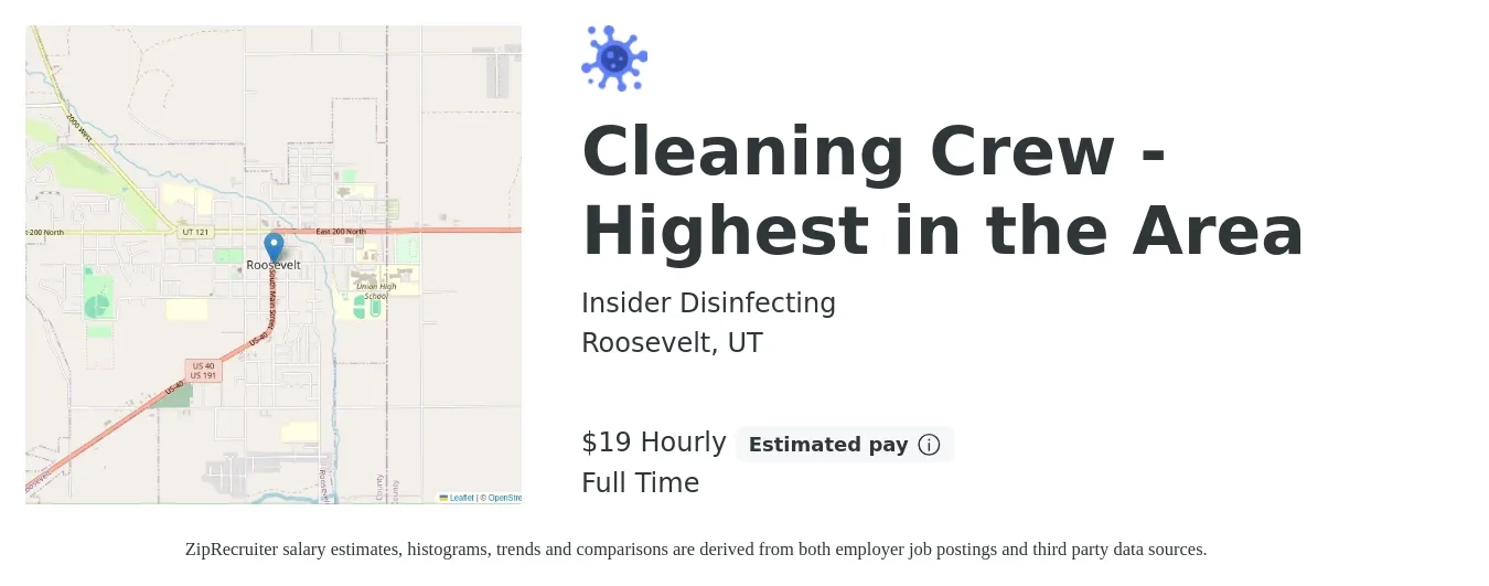 Insider Disinfecting job posting for a Cleaning Crew - Highest in the Area in Roosevelt, UT with a salary of $20 Hourly with a map of Roosevelt location.