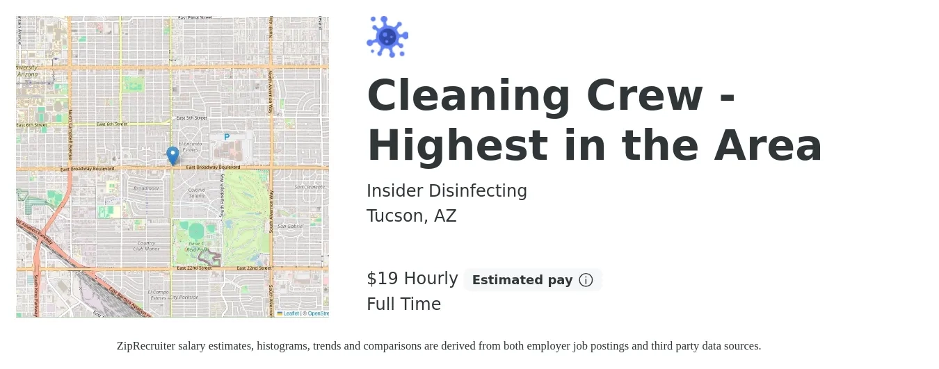 Insider Disinfecting job posting for a Cleaning Crew - Highest in the Area in Tucson, AZ with a salary of $20 Hourly with a map of Tucson location.