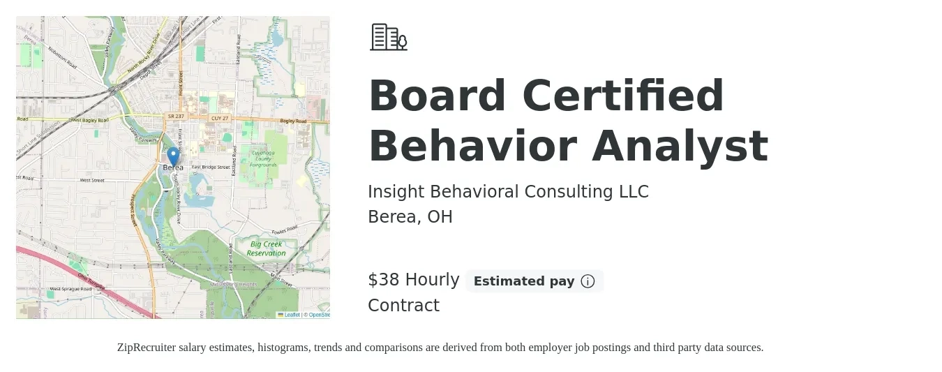 Insight Behavioral Consulting LLC job posting for a Board Certified Behavior Analyst in Berea, OH with a salary of $40 Hourly with a map of Berea location.