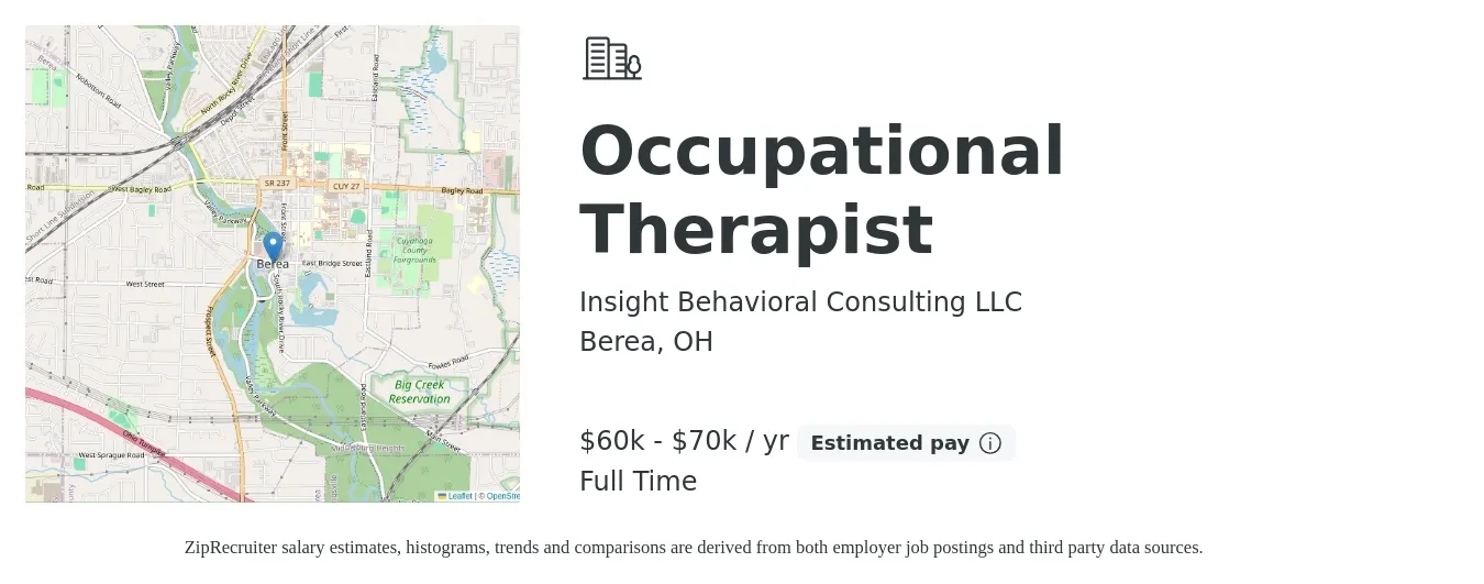 Insight Behavioral Consulting LLC job posting for a Occupational Therapist in Berea, OH with a salary of $60,000 to $70,000 Yearly with a map of Berea location.