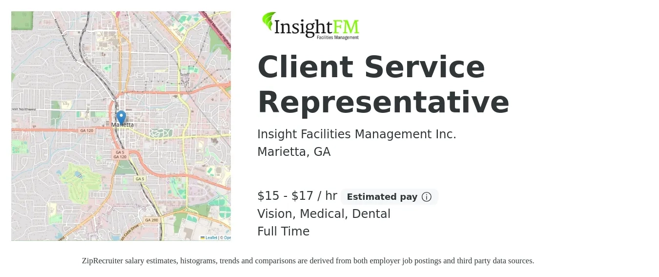 Insight Facilities Management Inc. job posting for a Client Service Representative in Marietta, GA with a salary of $16 to $18 Hourly and benefits including dental, life_insurance, medical, pto, retirement, and vision with a map of Marietta location.
