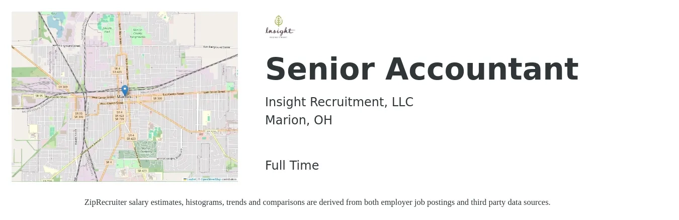 Insight Recruitment LLC job posting for a Senior Accountant in Marion, OH with a salary of $64,400 to $80,900 Yearly with a map of Marion location.