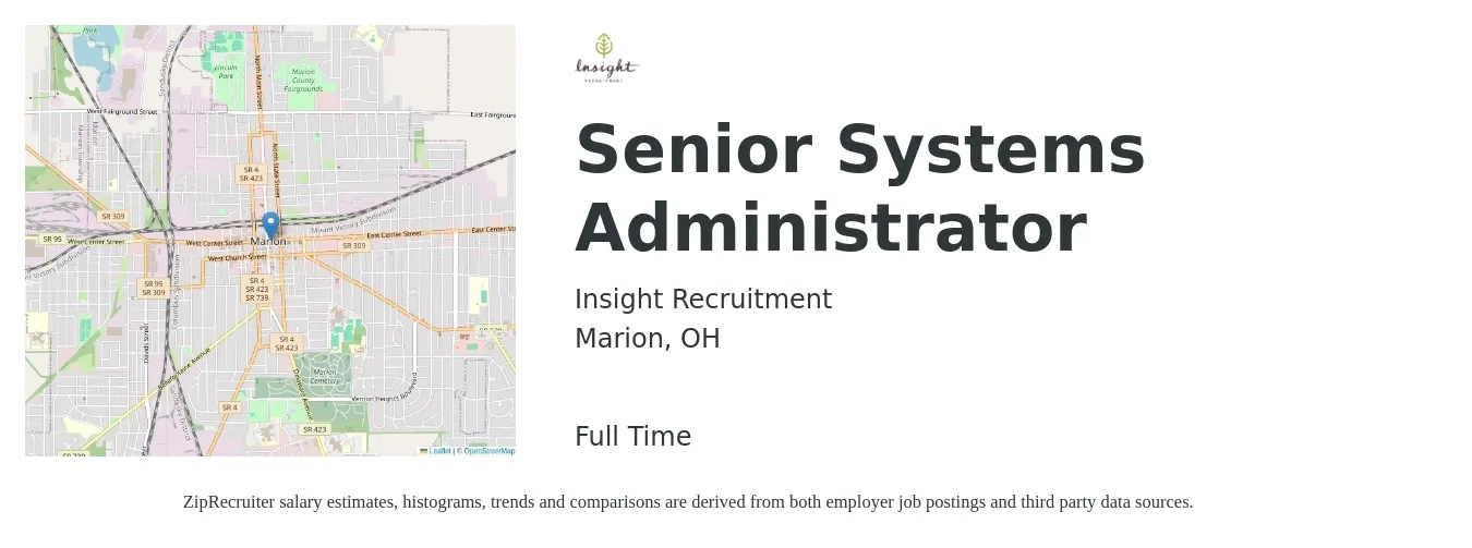 Insight Recruitment job posting for a Senior Systems Administrator in Marion, OH with a salary of $74,900 to $101,400 Yearly with a map of Marion location.