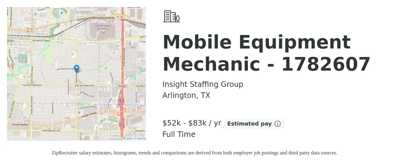 Insight Staffing Group job posting for a Mobile Equipment Mechanic - 1782607 in Arlington, TX with a salary of $52,000 to $83,000 Yearly with a map of Arlington location.