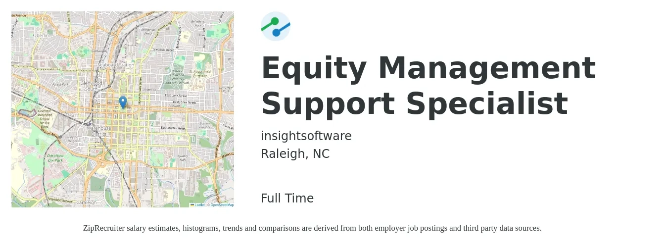insightsoftware job posting for a Equity Management Support Specialist in Raleigh, NC with a salary of $18 to $29 Hourly with a map of Raleigh location.
