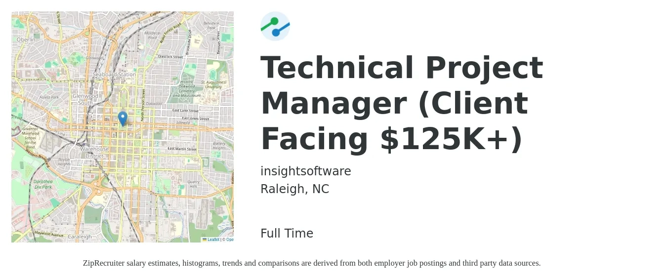 insightsoftware job posting for a Technical Project Manager (Client Facing $125K+) in Raleigh, NC with a salary of $93,300 to $130,700 Yearly with a map of Raleigh location.