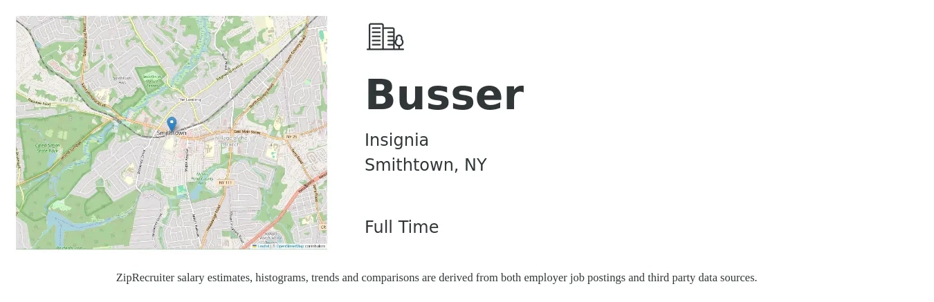 Insignia job posting for a Busser in Smithtown, NY with a salary of $11 to $16 Hourly with a map of Smithtown location.