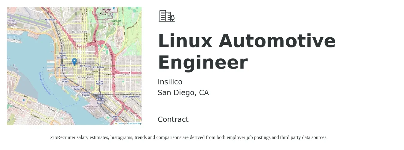 Insilico job posting for a Linux Automotive Engineer in San Diego, CA with a salary of $53 to $74 Hourly with a map of San Diego location.